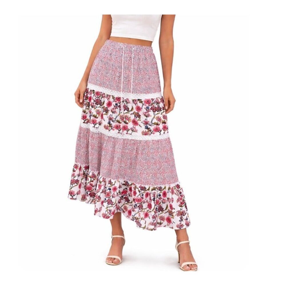 Solitaire Skirt Womens Long Boho Gypsie Lined Floral Ruffle Boho maxi skirt SZ M